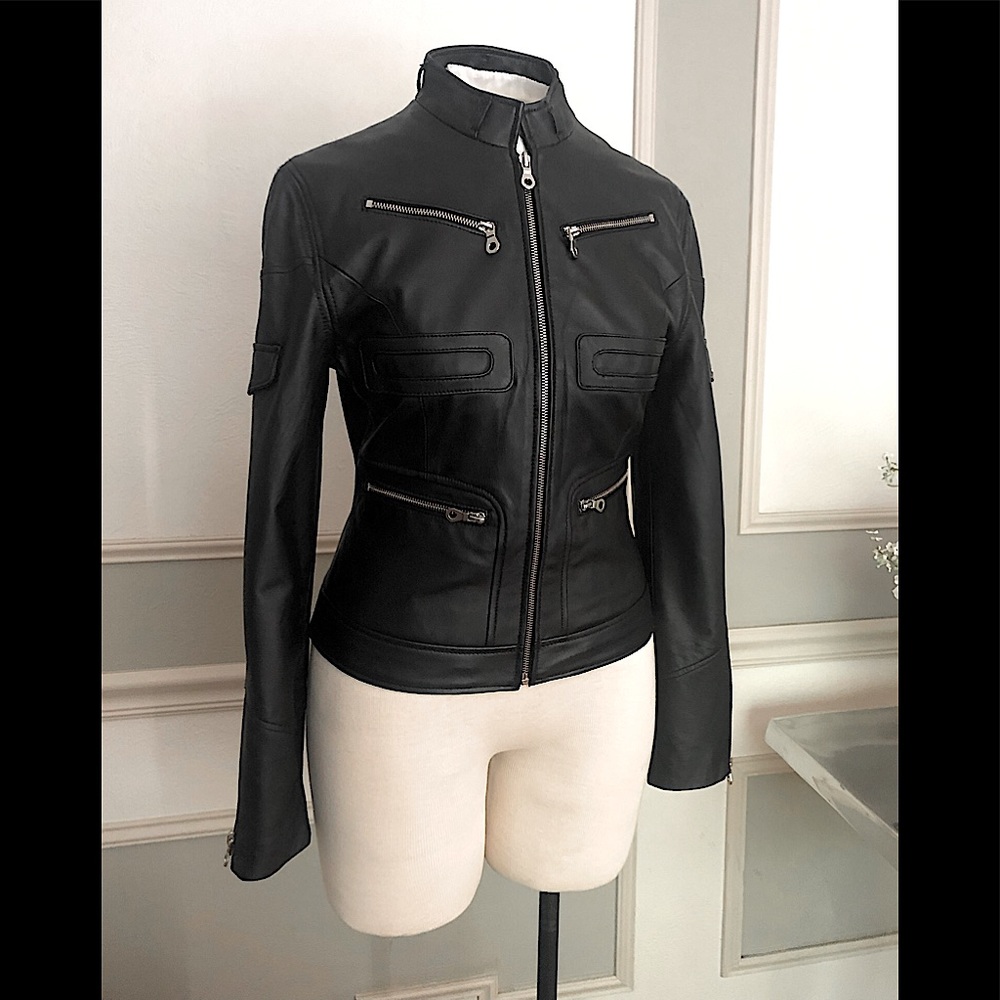 100% LAMBSKIN Black Moto Jacket MO by Members Only- NEW NWOT sz Small
